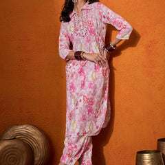 Floral Printed & Mirror Work  Pathani Kurta with Trousers Kurta Set