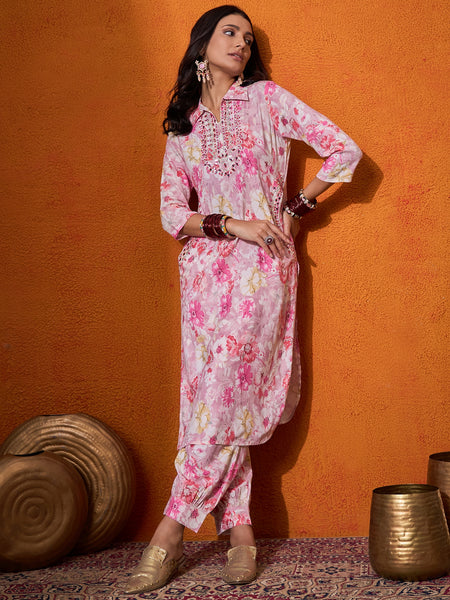 Floral Printed & Mirror Work  Pathani Kurta with Trousers Kurta Set