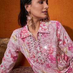 Floral Printed & Mirror Work  Pathani Kurta with Trousers Kurta Set