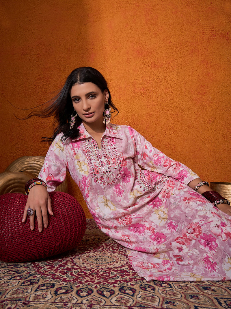 Floral Printed & Mirror Work  Pathani Kurta with Trousers Kurta Set