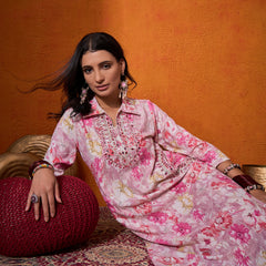 Floral Printed & Mirror Work  Pathani Kurta with Trousers Kurta Set