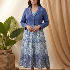 Indigo Blue Floral Printed Tired Anarkali Kurta With Jacket