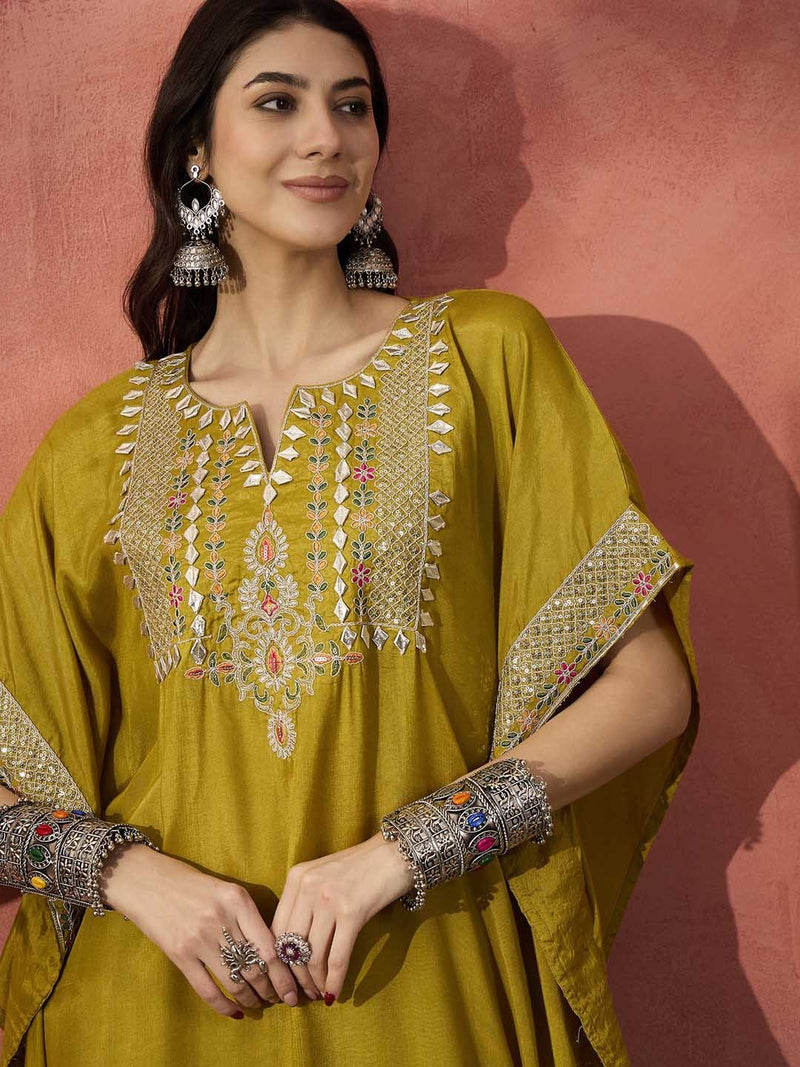 Green Embroidered Gotta Patti Notch Neck Pure Silk  Kaftan Tunic With Trousers
