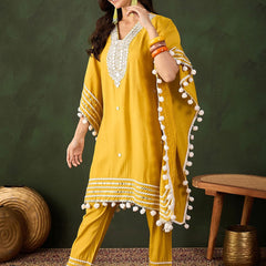 Yellow Geometric Embroidered Mirror Work Roman Silk Kurta With Trouser