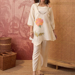 White Hand Block Print & Embroidered Top With Jacket & Trouser Co-Ords