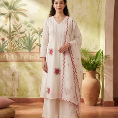 Floral Print & Embroidered Straight Kurta With Trousers & Dupatta