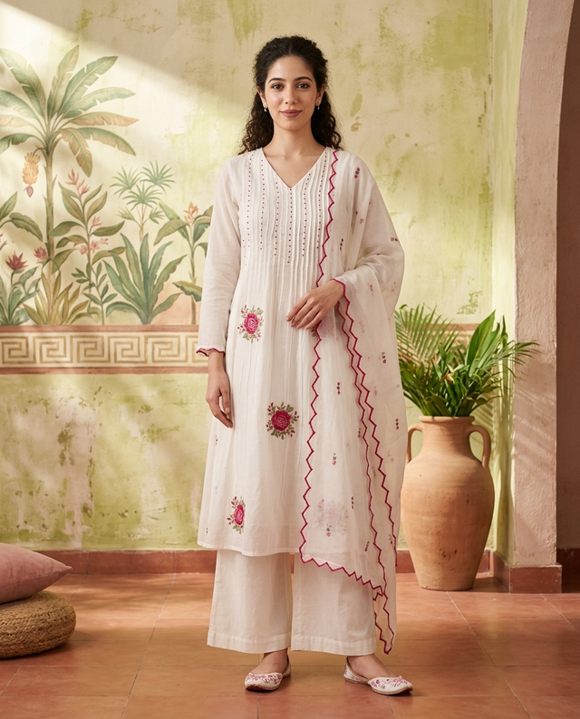 Floral Print & Embroidered Straight Kurta With Trousers & Dupatta