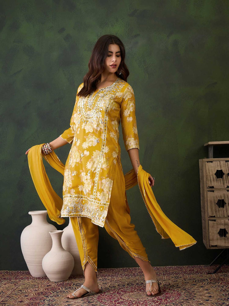 Floral Embroidered Round Neck Kurta With Dhoti Pants And Dupatta