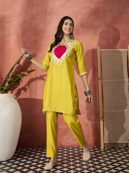 Embellished Round Neck Mirror Work Tunic With Trouser