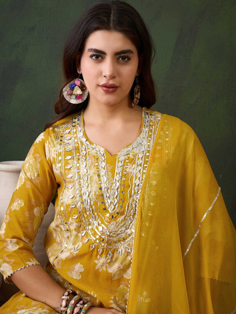 Floral Embroidered Round Neck Kurta With Dhoti Pants And Dupatta