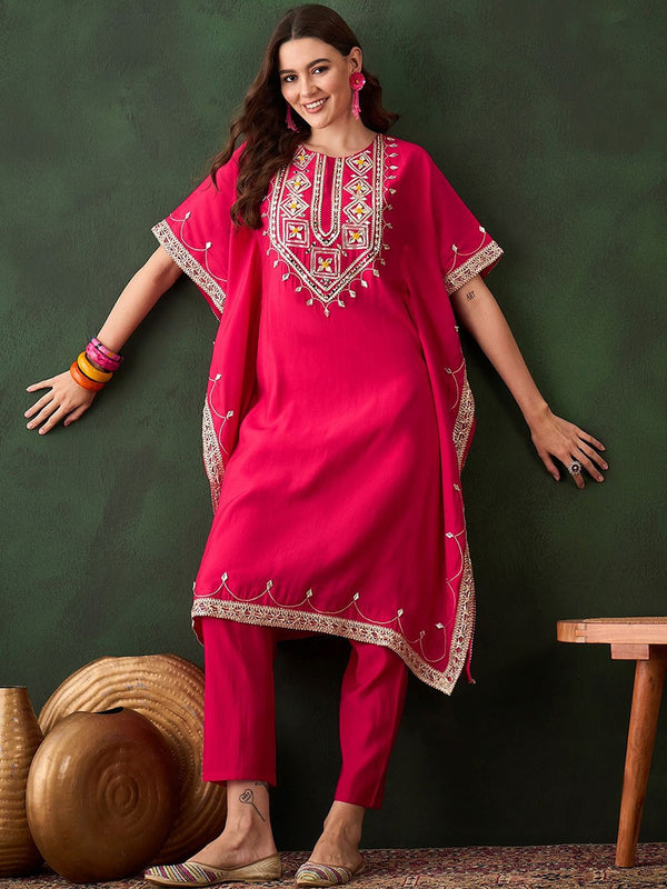 Geometric Embroidered & Mirror Work Kaftan Kurta With Trouser