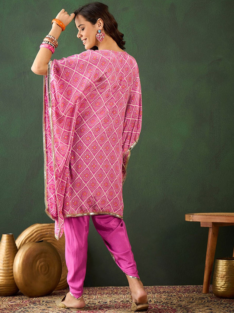 Bandhani Printed Gotta Patti Asymmetric Kaftan With Dhoti Pant