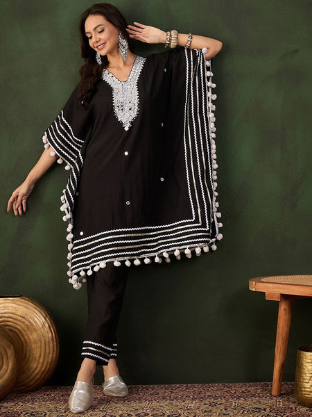 Black Geometric Embroidered Mirror Work Roman Silk Kurta With Trouser