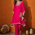 Embroidered  V-Neck Mirror work Kaftan With Trousers