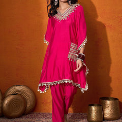 Embroidered  V-Neck Mirror work Kaftan With Trousers