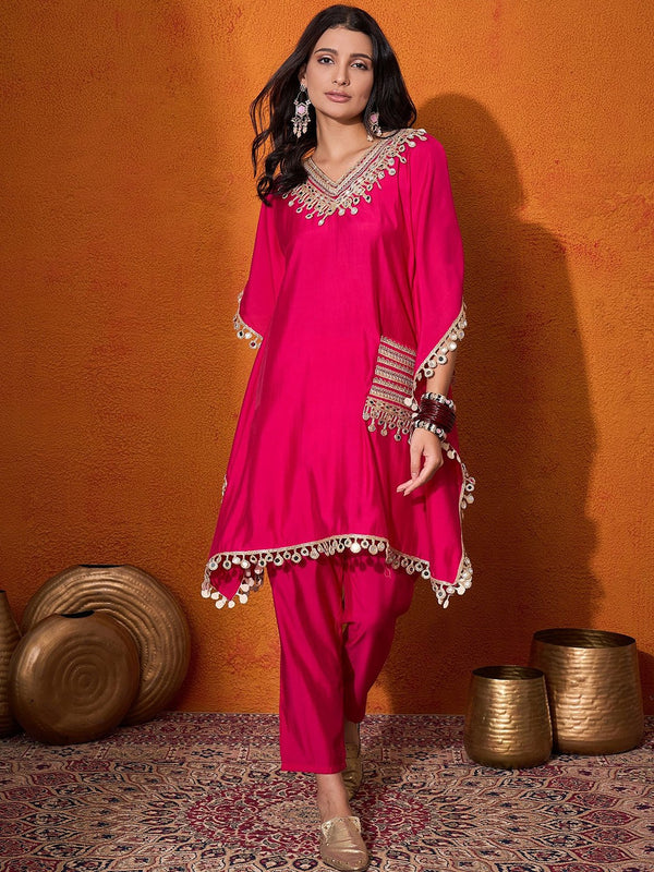 Embroidered  V-Neck Mirror work Kaftan With Trousers