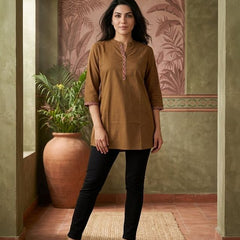 Brown Floral Embroidered Straight Short Kurti