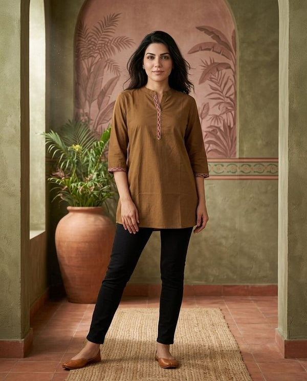 Brown Floral Embroidered Straight Short Kurti