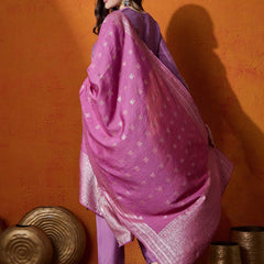 Purple Embroidered V-Neck Straight Kurta With Trousers And Dupatta