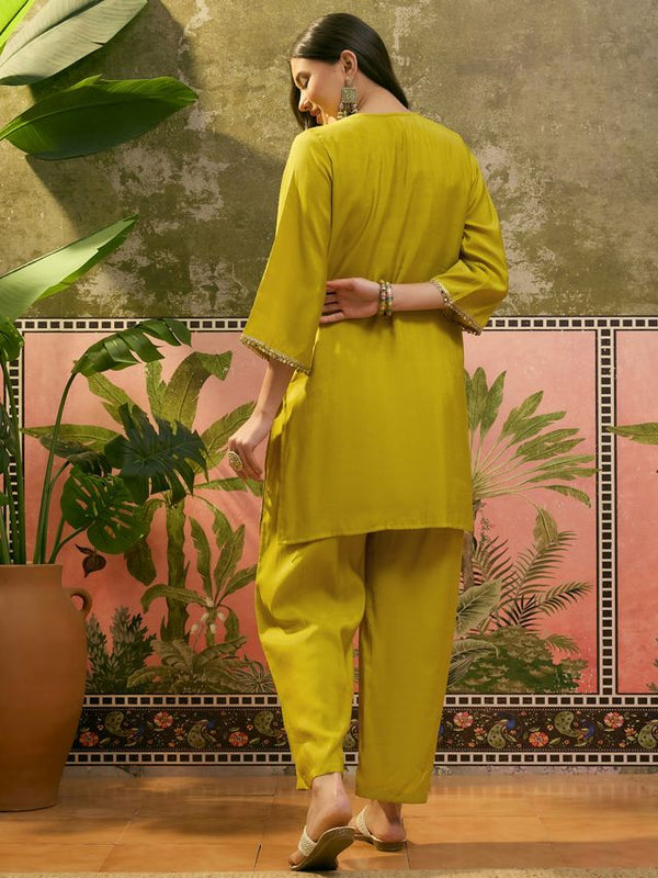 Mustard Embroidered & Mirror Work Straight Tunic  With Trousers Co-Ords Set