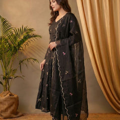 Black Floral Embroidered Mirror Work A-Line Kurta With Trousers & Dupatta