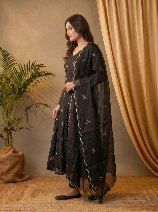 Black Floral Embroidered Mirror Work A-Line Kurta With Trousers & Dupatta