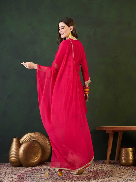 Ethnic Motifs Embroidered Round Neck Straight Kurta With Dhoti Pants And Dupatta