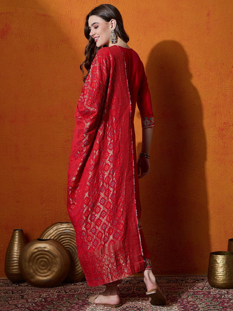 Floral Embroidered V-Neck Pure Silk Kurta With Trousers And Dupatta