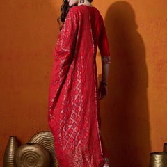 Floral Embroidered V-Neck Pure Silk Kurta With Trousers And Dupatta