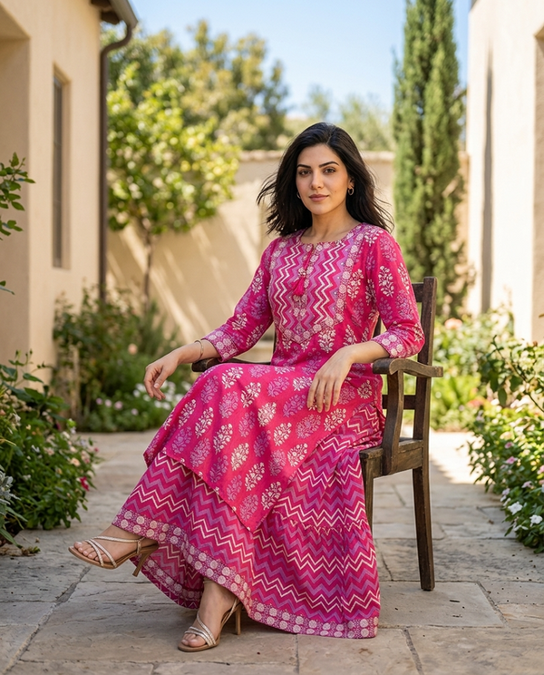 Ethnic Motifs Printed Pure Cotton Straight Kurta With Skirt