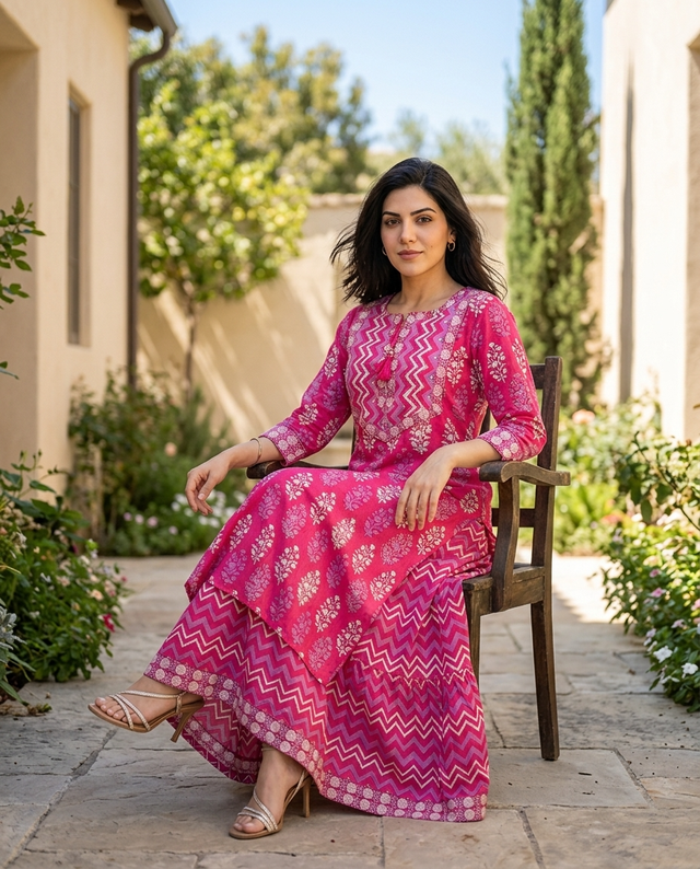 Ethnic Motifs Printed Pure Cotton Straight Kurta With Skirt