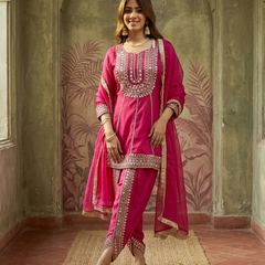 Purple Floral Embroidered & Sequinned A-Line Kurta With Dhoti Pant & Dupatta Kurta Set