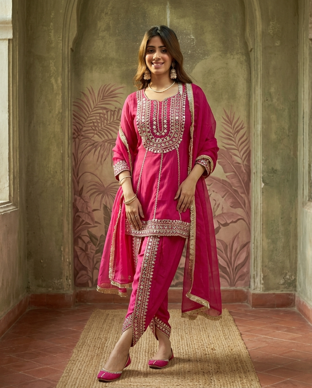 Purple Floral Embroidered & Sequinned A-Line Kurta With Dhoti Pant & Dupatta Kurta Set