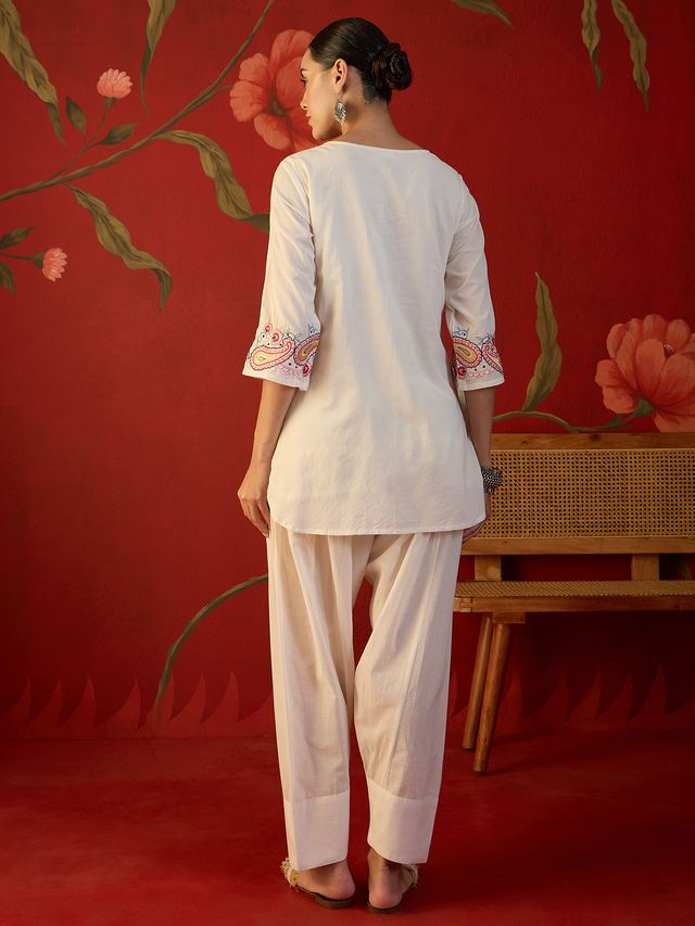 White Floral Embroidered Tunic With Farshi Salwar  Co-Ords Set