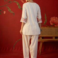 White Floral Embroidered Tunic With Farshi Salwar  Co-Ords Set