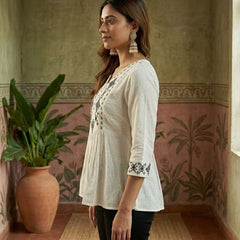 Off White Green Pure Cotton Ethnic Motifs Embroidered A-Line Short Kurti
