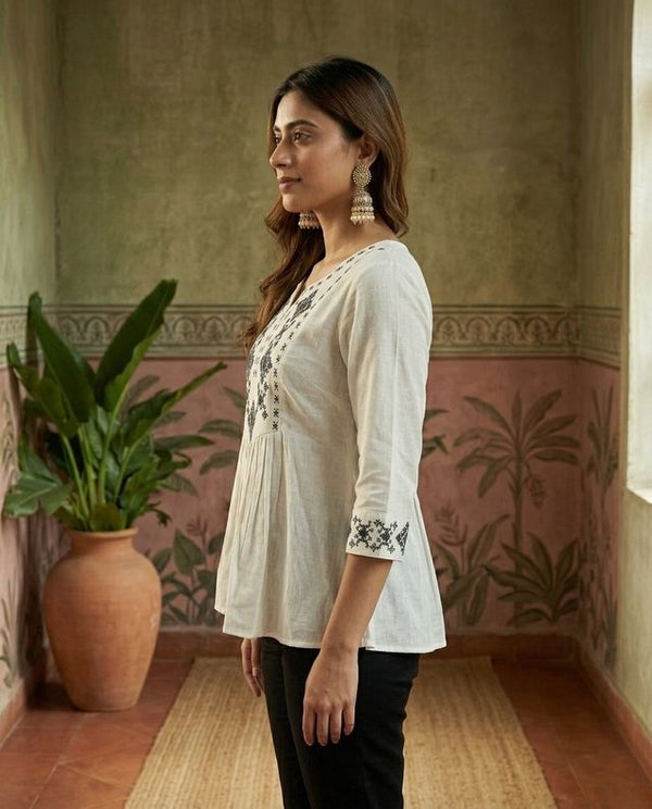 Off White Green Pure Cotton Ethnic Motifs Embroidered A-Line Short Kurti