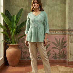 Mint Green Pure Cotton Ethnic Motifs Embroidered A-Line Short Kurti