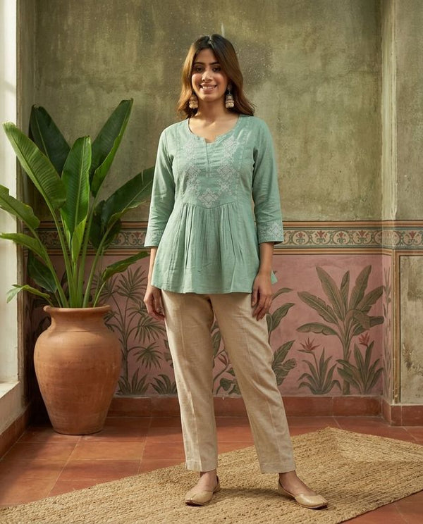 Mint Green Pure Cotton Ethnic Motifs Embroidered A-Line Short Kurti