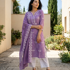 Purple Embroidered Pure Cotton Straight Kurta With Trouser & Dupatta