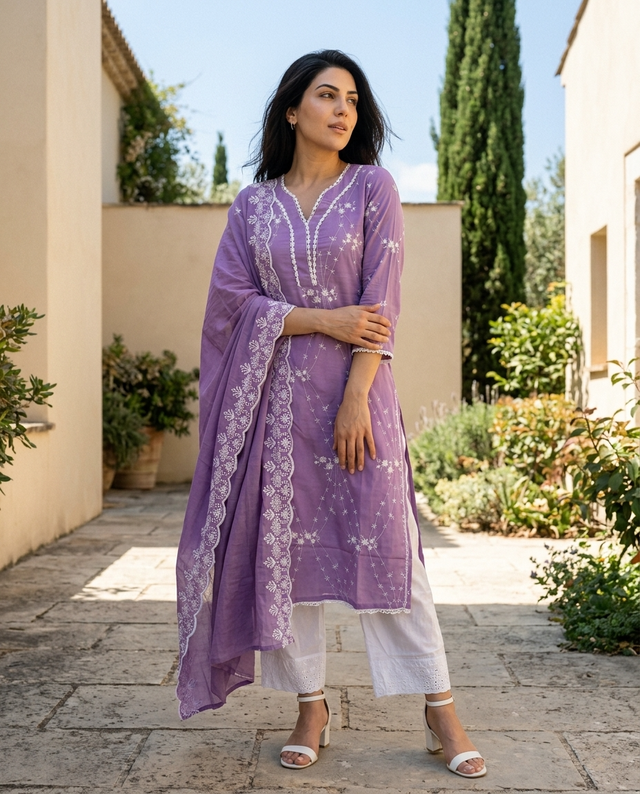 Purple Embroidered Pure Cotton Straight Kurta With Trouser & Dupatta