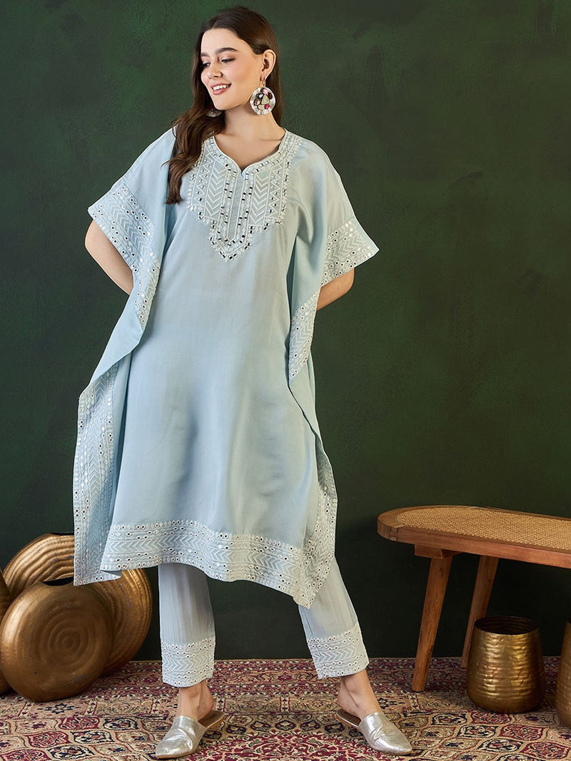Turquoise Blue Geometric Embroidered Mirror Work Roman Silk Kurta With Trouser