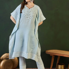 Turquoise Blue Geometric Embroidered Mirror Work Roman Silk Kurta With Trouser