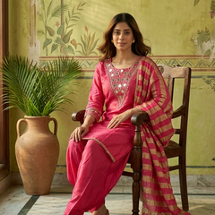 Floral Embroidered & Mirror Work Straight Kurta With & Farsi Salwar & Dupatta