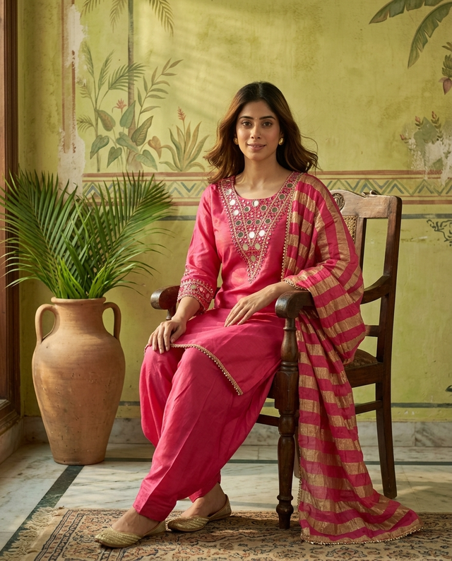 Floral Embroidered & Mirror Work Straight Kurta With & Farsi Salwar & Dupatta