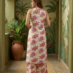 Off White Floral Printed Sleeveless A-Line Kurta With Palazzo Kurta Set