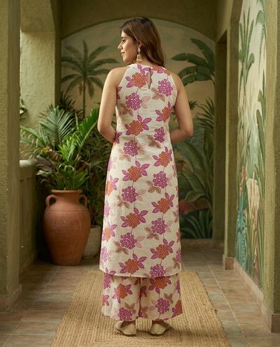 Off White Floral Printed Sleeveless A-Line Kurta With Palazzo Kurta Set