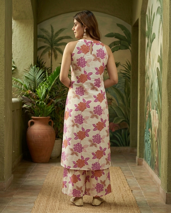 Off White Floral Printed Sleeveless A-Line Kurta With Palazzo Kurta Set