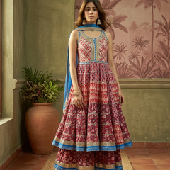 Pure Cotton Floral Printed Anarkali Kurta with Sharara & Dupatta Kurta Set