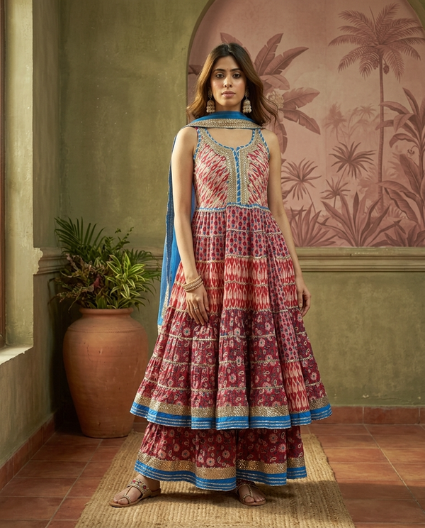 Pure Cotton Floral Printed Anarkali Kurta with Sharara & Dupatta Kurta Set